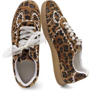 Women's Brown Casual Crochet Lace Ribbon Ballet Trendy Spring Sneakers Shoes